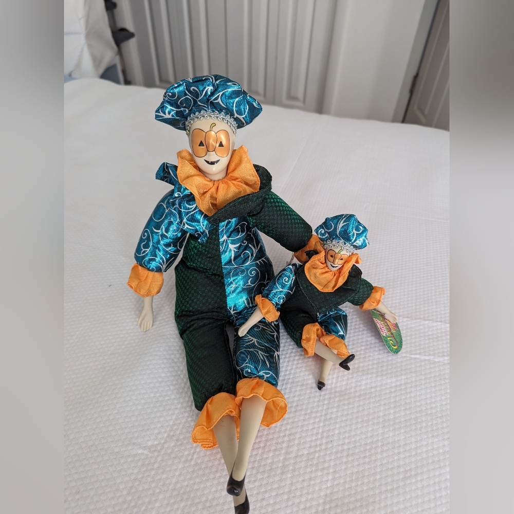 Vintage Mardi Gras Halloween Decor Jester Doll Painted Pumpkin Face.